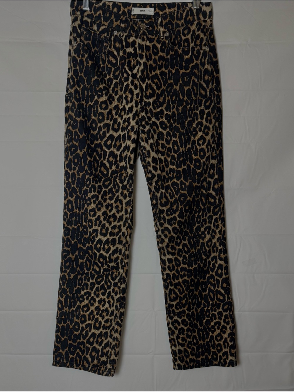 Mango Women’s Leopard Print Straight-Leg Cotton Jeans - Black & Tan Sz 6 NWOT
